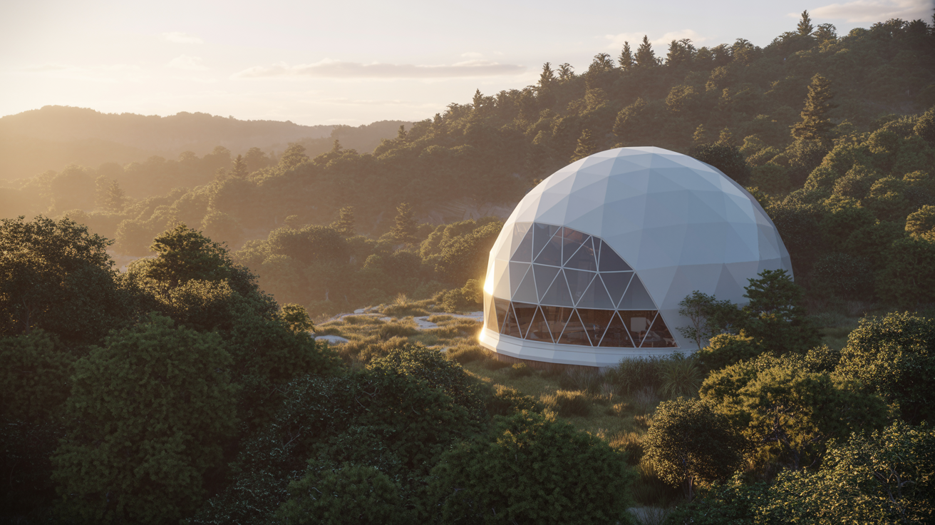 Exterior silhouette of a Dynamic Shield facility at golden hour — a community under engineered climate